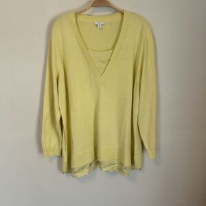 J Jill Sweater Mixed Media Layered Yellow V Neck Long‎ Sleeve Cotton Blend XLP